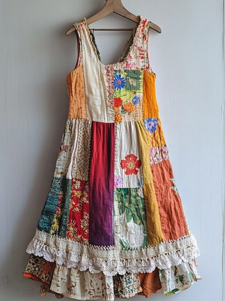 Floral Pattern Lace Patchwork Linen Blend Dress