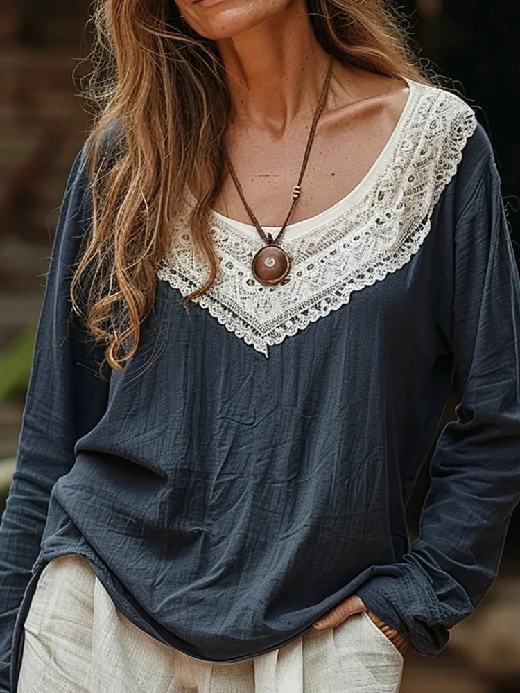 Elegant Lace Embroidery Floral Art Long Sleeve Cozy Tunic