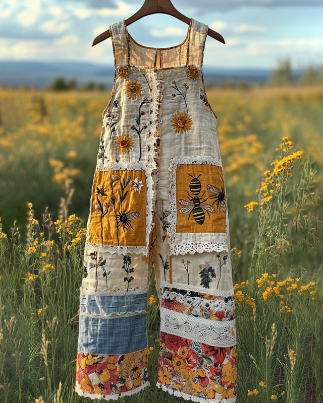 Summer Floral Bee Patchwork Embroidered Overalls