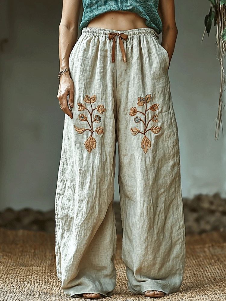 Bohemian Holiday Style Retro Linen Bohemian Leaf Ethnic Totem Print Linen Long Loose Wide-leg Pants
