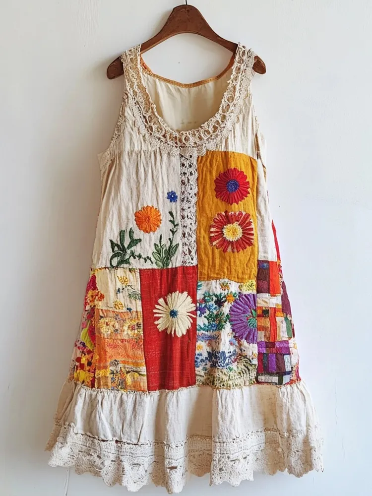 Floral Embroidered Lace Patchwork Linen Blend Dress