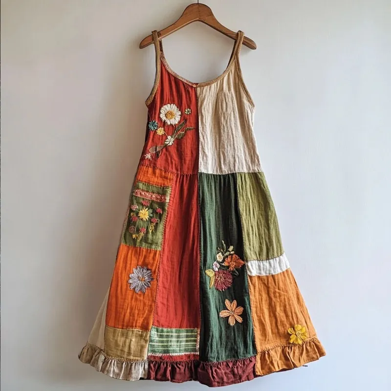 Boho Floral Embroidered Patchwork Linen Blend Dress