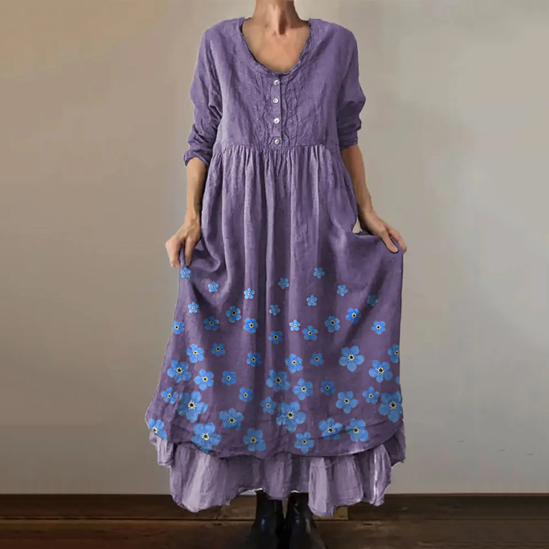 Vintage Purple Floral Art Alzheimer's Awareness Button Up Maxi Dress