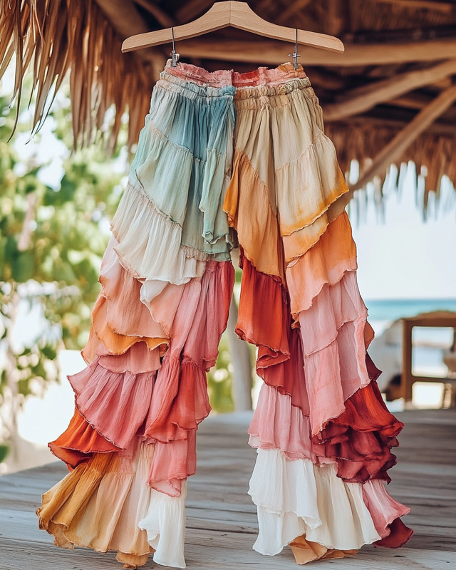 Summer Embroidered Ruffle Lace Patchwork Pants