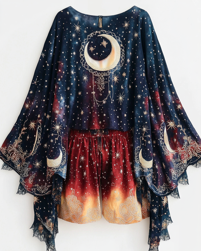 Star and moon print home wear top + shorts two pice set