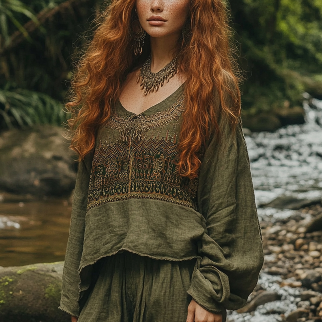 Bohemian Holiday Style Vintage Embroidered Print Casual Long-sleeved Top