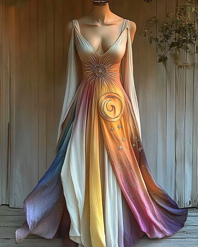 Hand-painted rainbow star and moon embroidery irregular palace style long dress