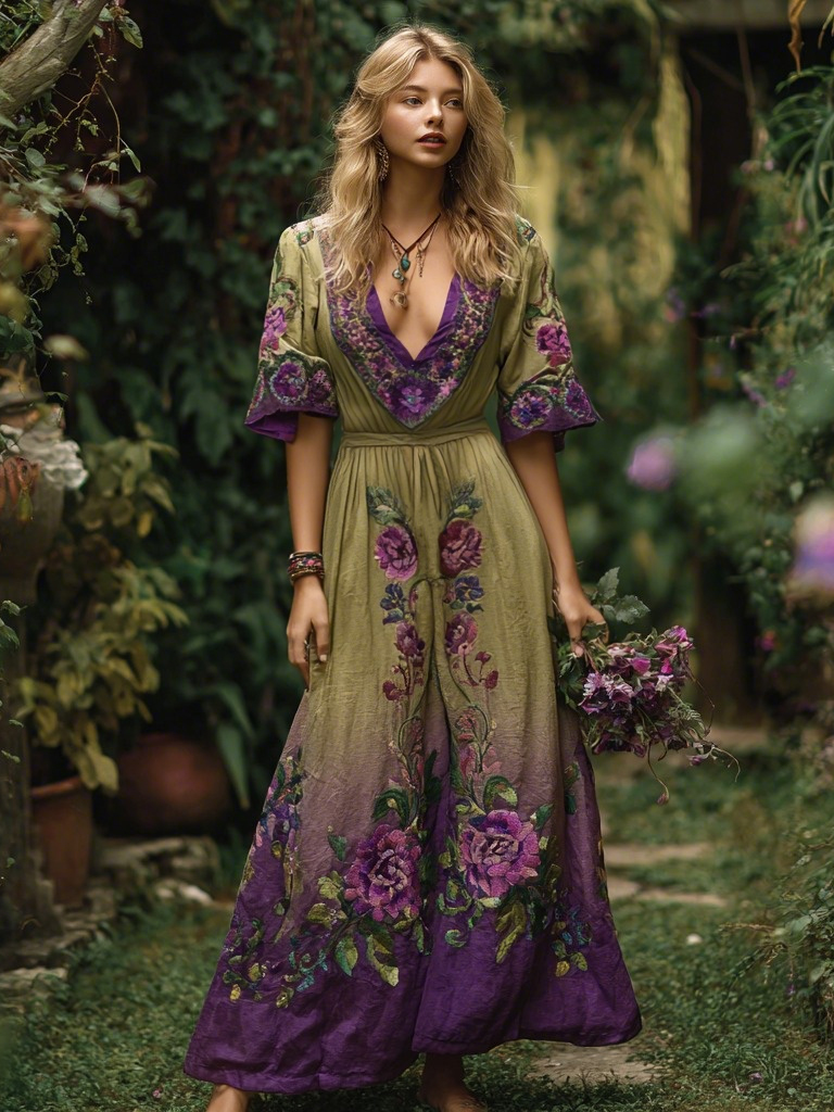 Vintage Gradient Purple Floral Embroidered V Neck Linen Blend Maxi Dress
