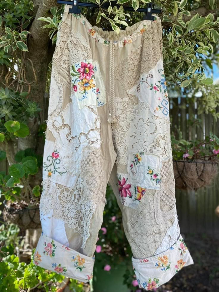 Vintage Floral Lace Patchwork Fabric Casual Wide-leg Pants