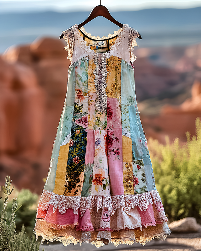 Summer Vintage Floral Lace Patchwork Dress