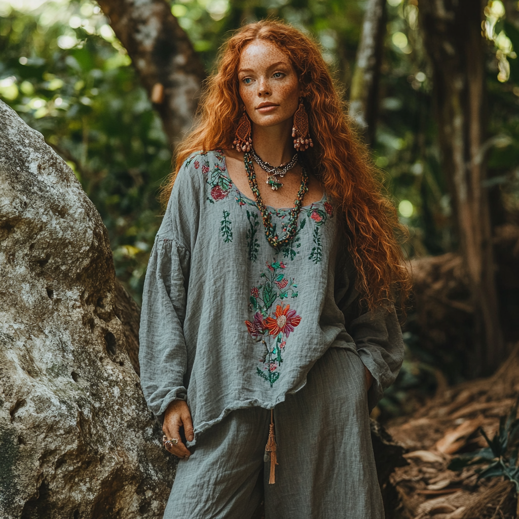 Bohemian Holiday Style Vintage Embroidered Print Casual Long-sleeved Top