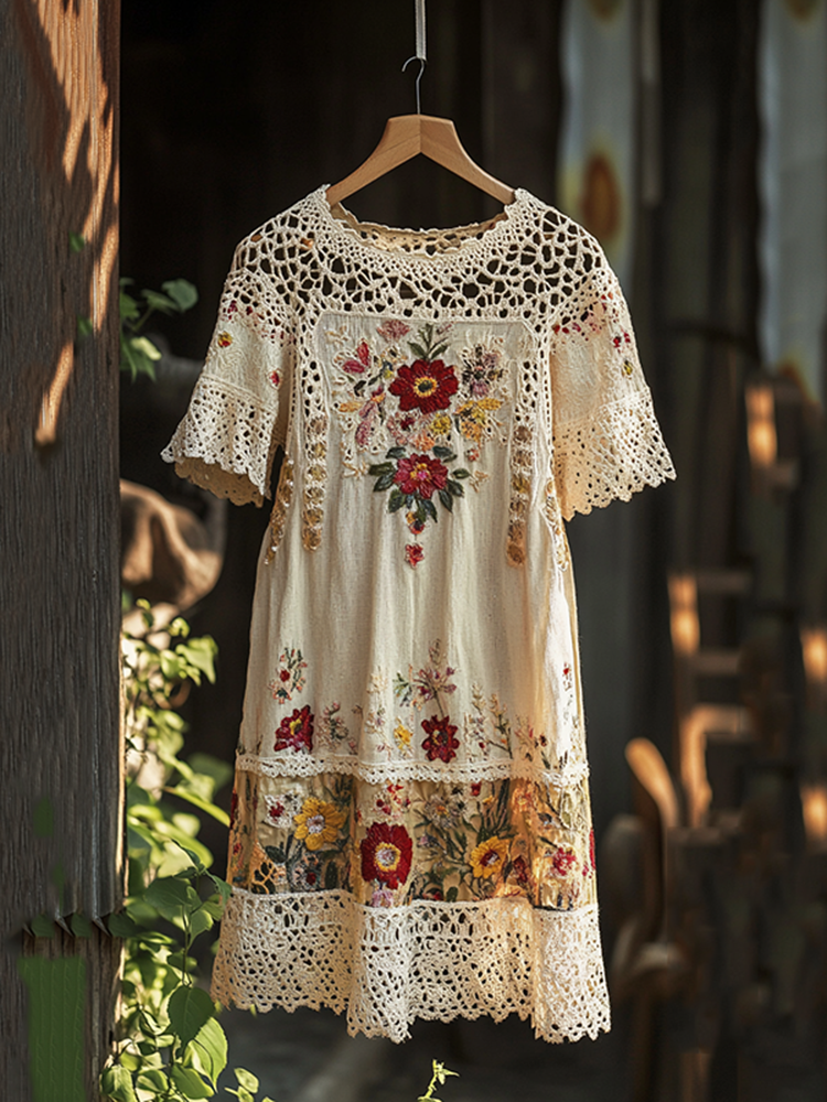 Women's Embroidered Floral Lace Round Neck Midi Dress