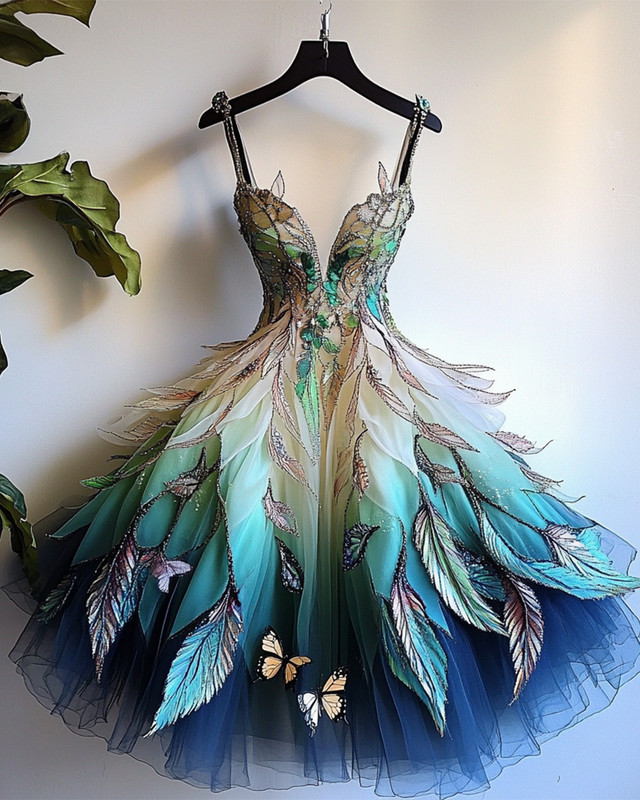 Summer fashion trendy feather theme print irregular multi-layer dress