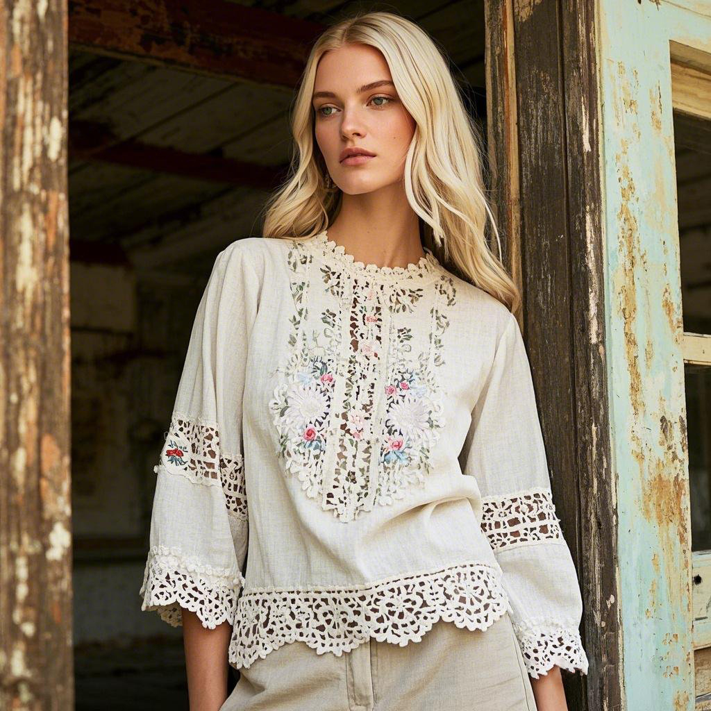 Elegant Lace Floral Embroidery Linen T-shirt