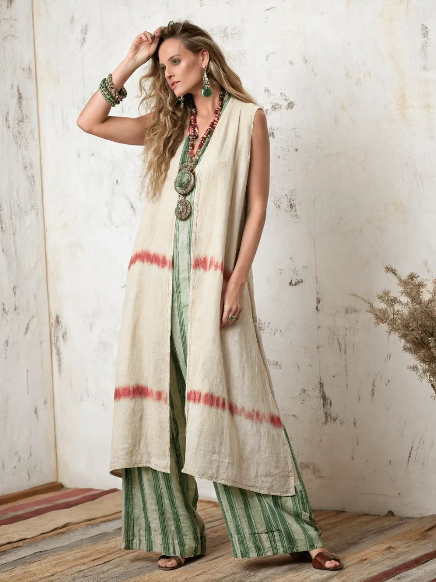 Women's cotton and linen long vest suit