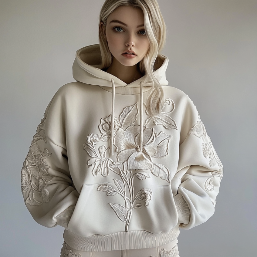 Women's Floral Embroidery Art Casual Cozy Hoodie