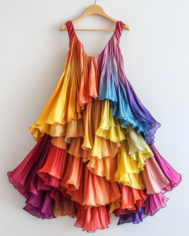 Summer Rainbow Satin Stitching Ruffle Sleeveless Dress