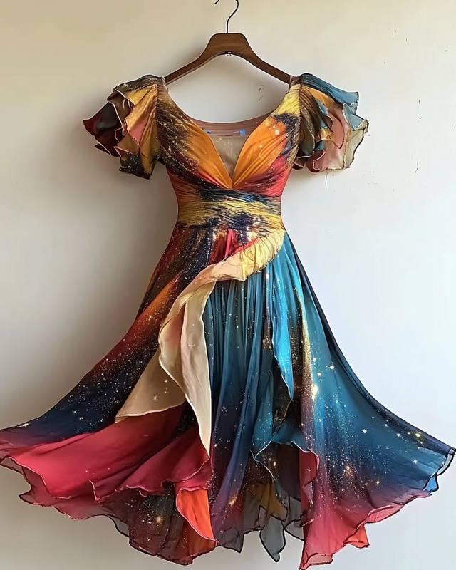 Vacation Handmade Color-Blocking Rainbow Irregular Dress