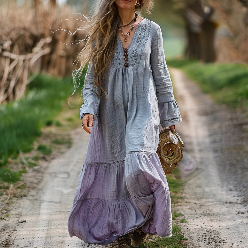Women's Bohemian Linen Ethnic Solid Color Maxi Long Dress