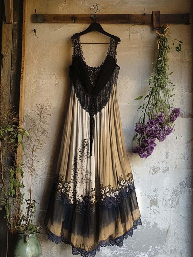 Boho Floral Embroidered Pattern Lace Patchwork Art Linen Dress