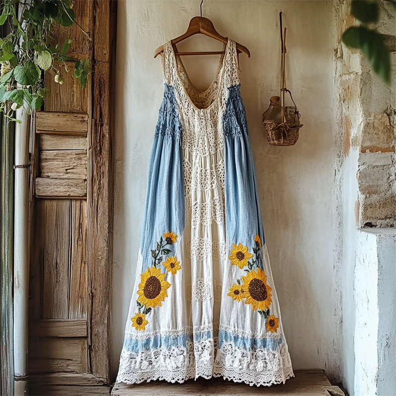 Boho Sunflowers Embroidered Gradient Lace Patchwork Linen Dress