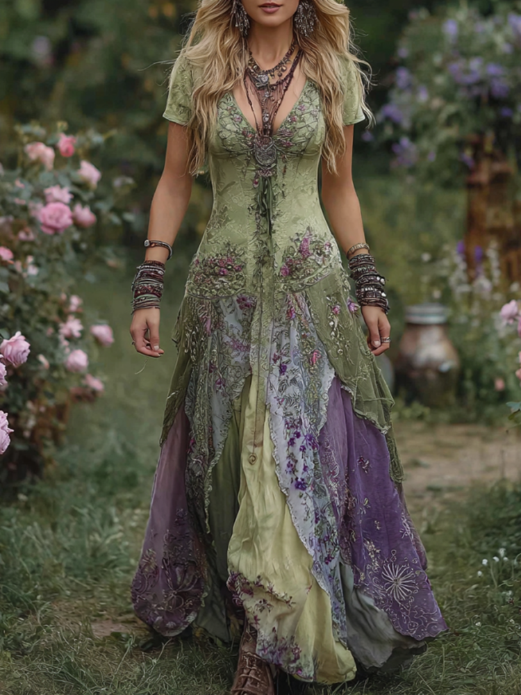 Vintage Gradient Purple Floral Embroidered Linen Maxi Dress