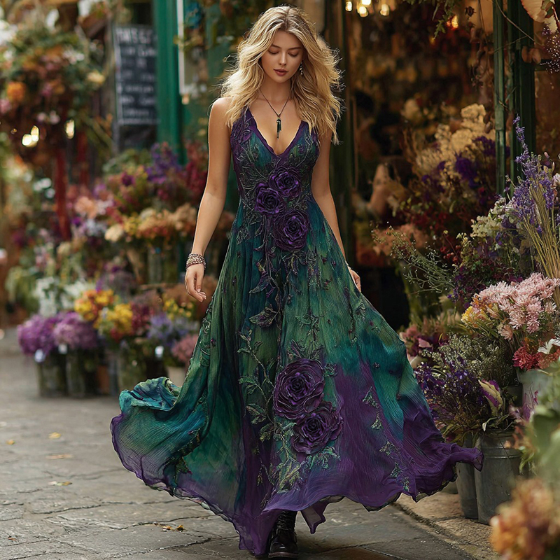 Vintage Purple Floral Embroidered Gradient Art Linen Sleeveless Maxi Dress