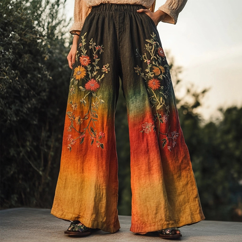 Vintage Boho Floral Embroidered Gradient Linen Pants