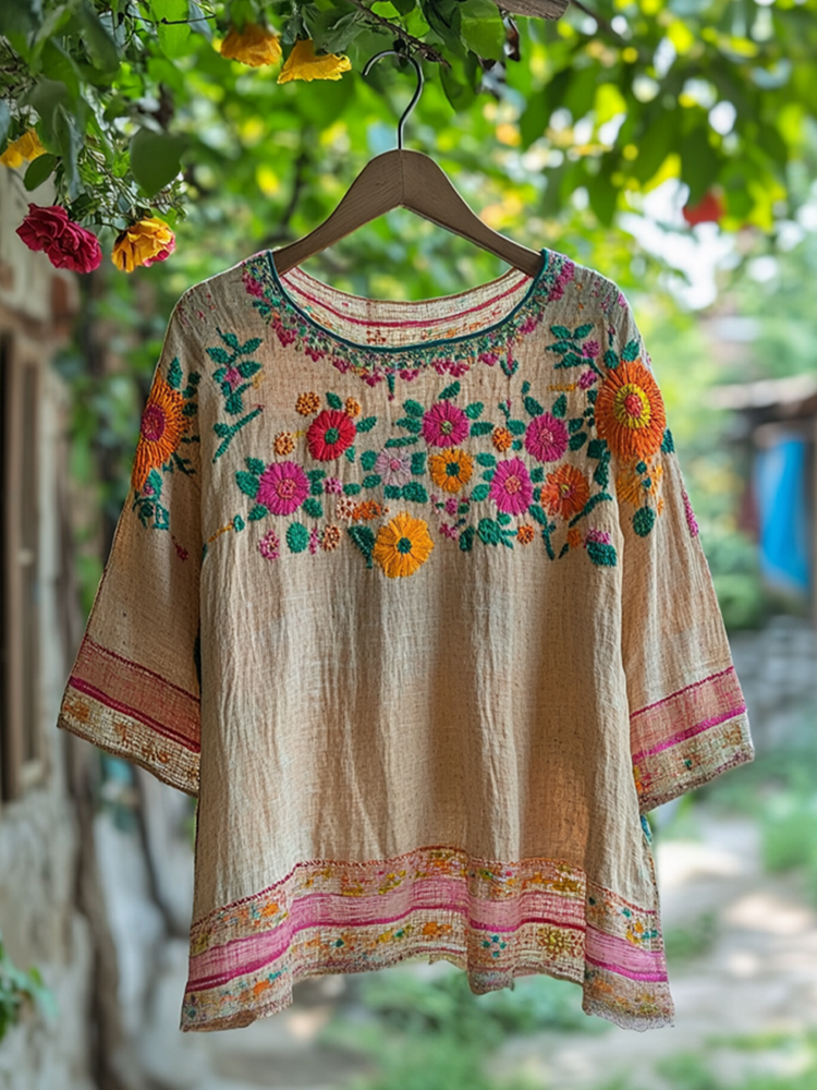Vintage Floral Embroidered Round Neck Linen Blend T-shirt