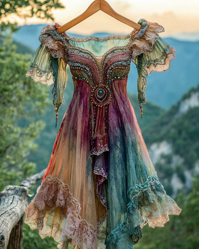 Summer Vacation Ruffle Lace Contrast Color Dress