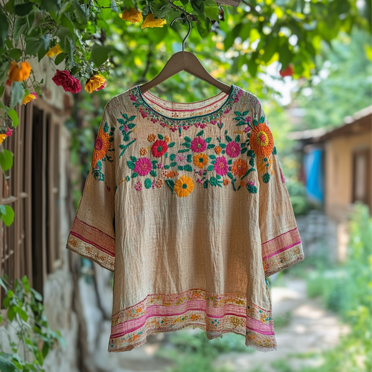 Vintage Floral Embroidered Round Neck Linen Blend T-shirt