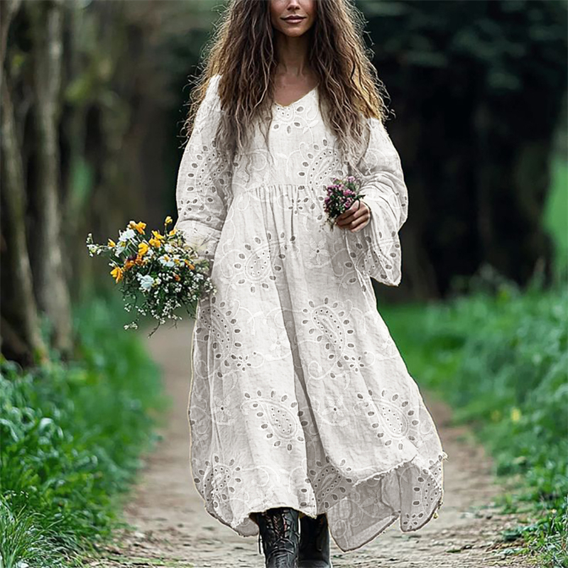 Vintage Western Paisley Floral Embroidered Lace Flowy Linen Dress