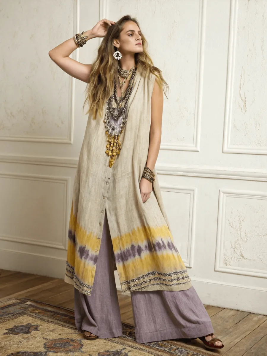 Women's cotton and linen long vest suit