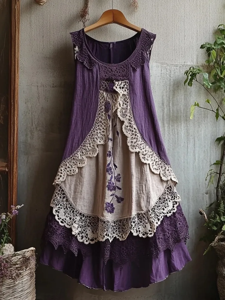 Retro Lace Patchwork Comfy Linen Tank Dress