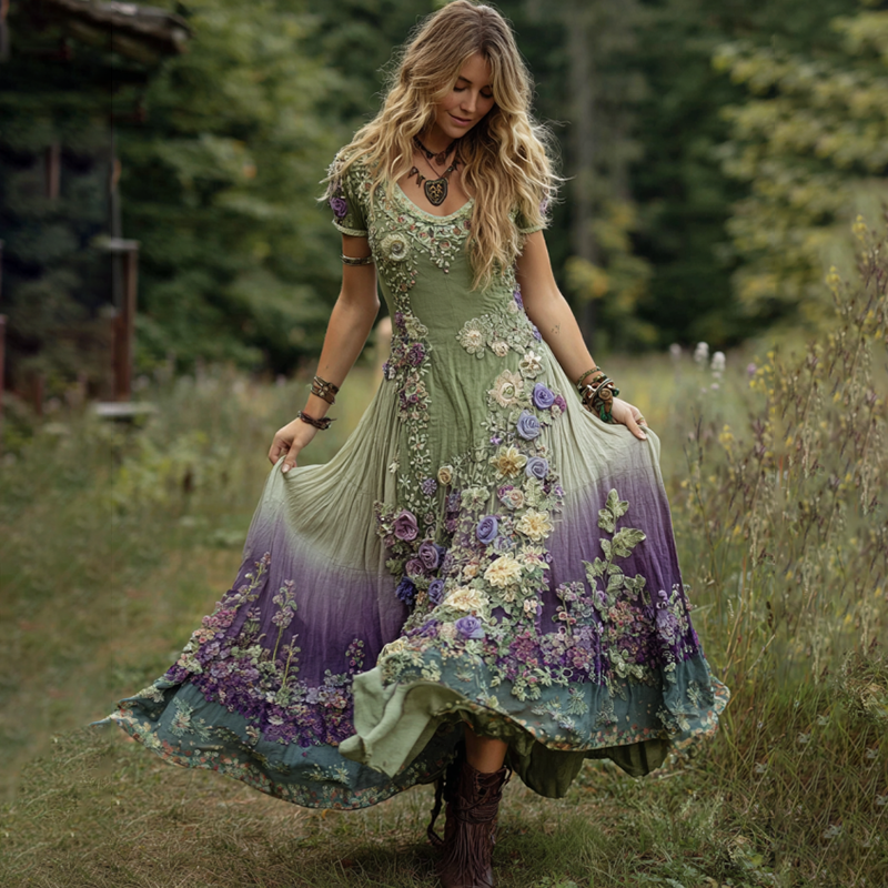 Classy Gradient Purple Lavender And Floral Embroidered Linen Maxi Dress