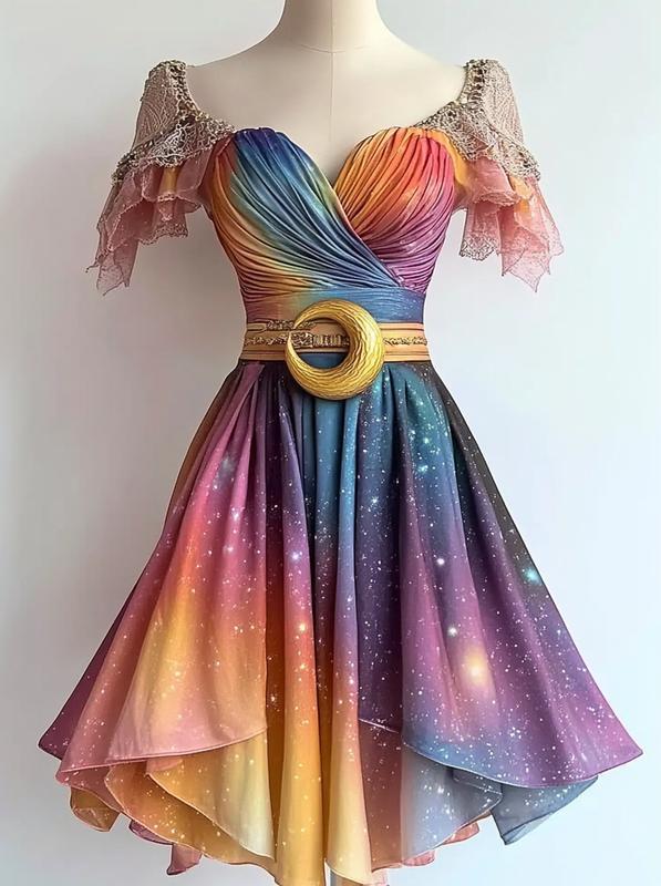Vacation Handmade Color-Blocking Rainbow Irregular Dress