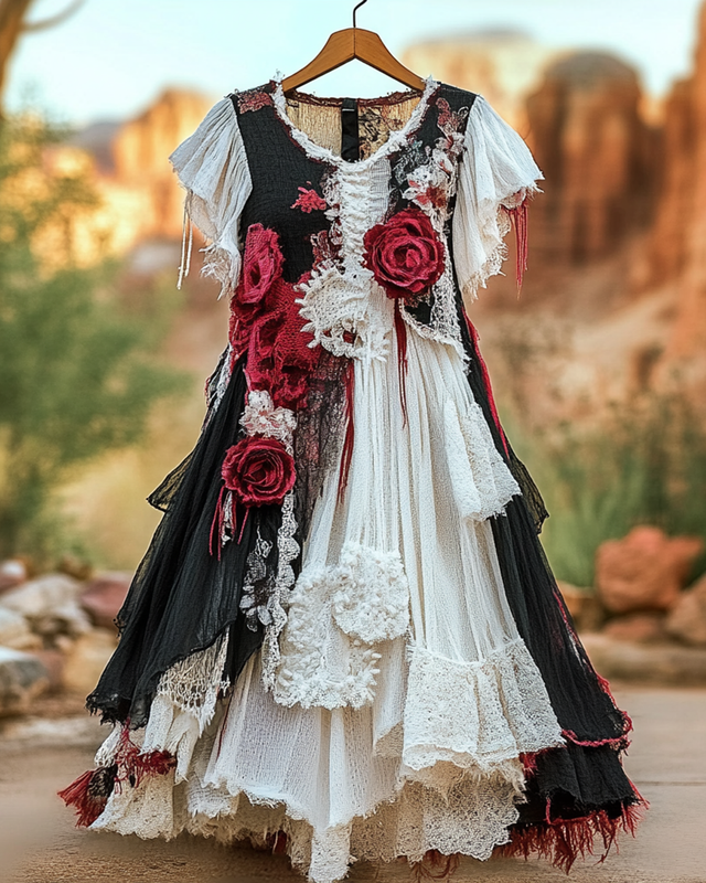 Summer Vintage Floral Lace Patchwork Dress