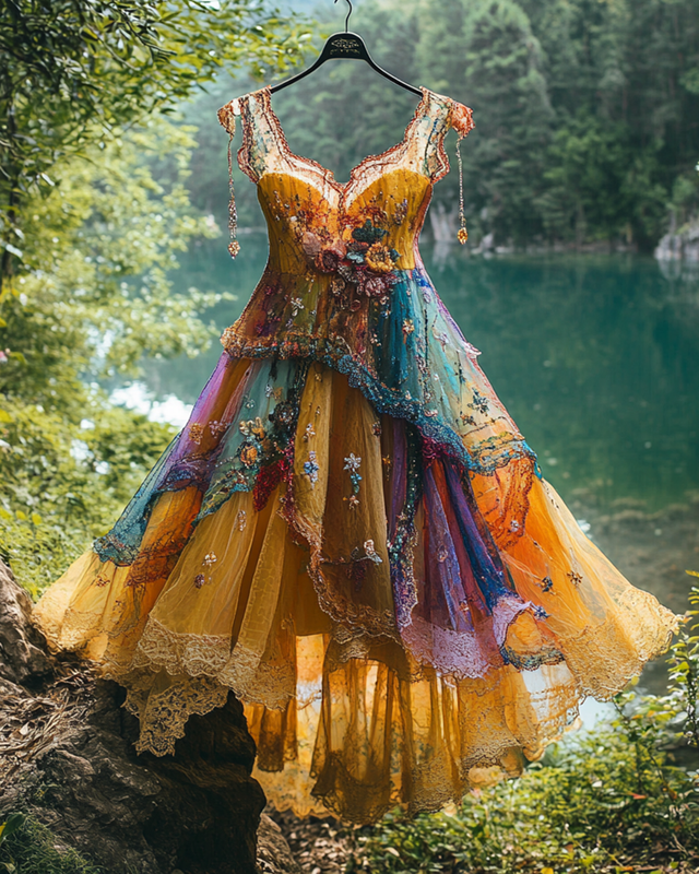 Summer Irregular Lace Patchwork Beaded Ruffle Dress