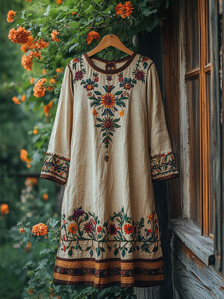 Vintage Floral Embroidery Linen Blend Loose Midi Dress