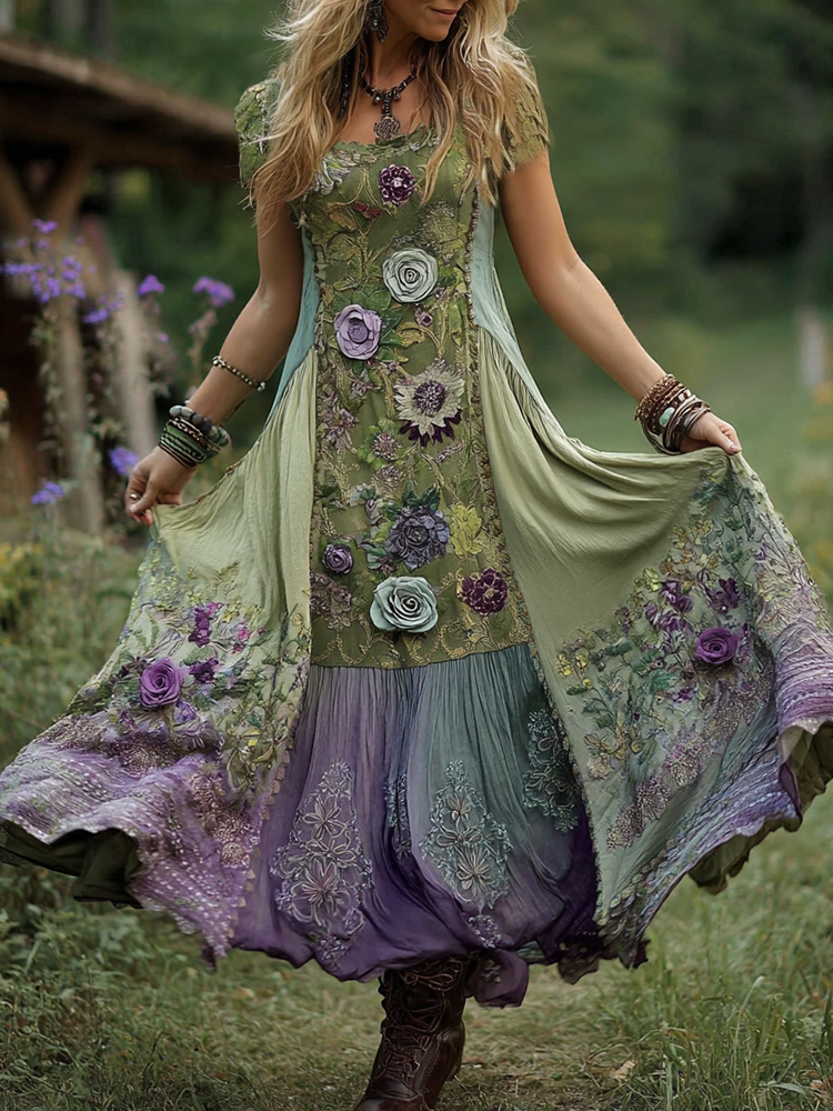 Classy Gradient Purple Lavender And Floral Embroidered Linen Maxi Dress