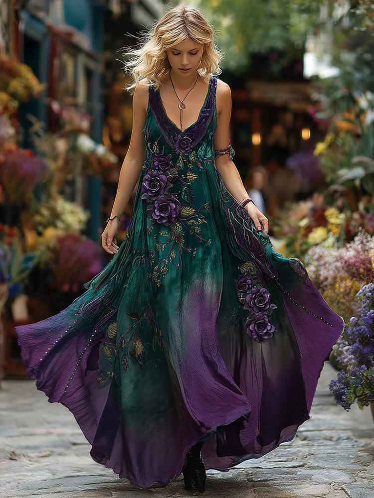 Vintage Purple Floral Embroidered Gradient Art Linen Sleeveless Maxi Dress