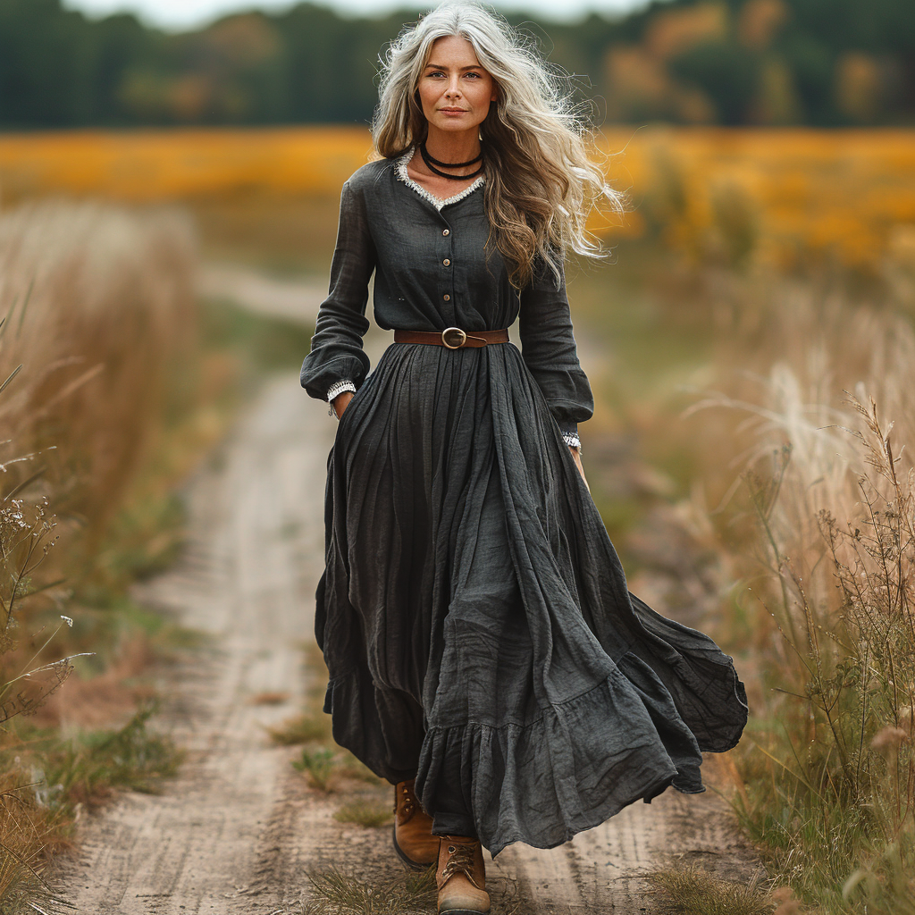 Women's Vintage V-neck Linen Long-sleeve Maxi Long Dress