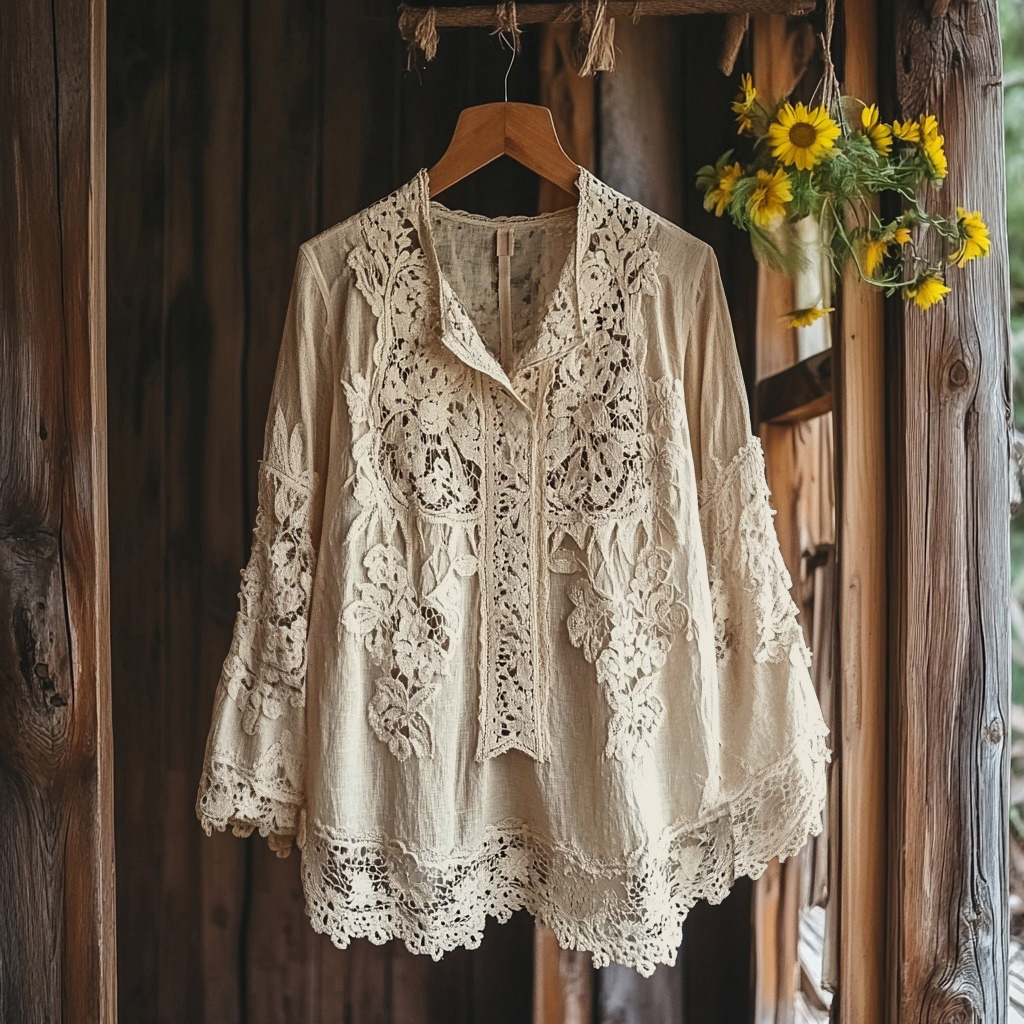 Women's Retro Floral Lace Embroidery Art V-neck Shirt