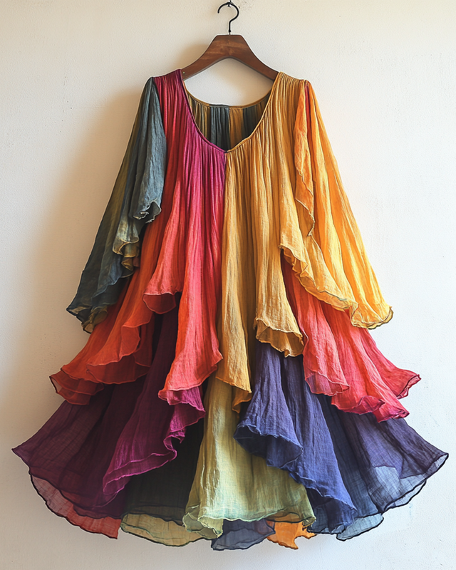 Rainbow Gradient Irregular Linen Elbow Sleeve Dress