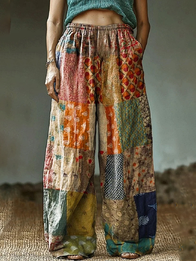 Vintage Color Block Patchwork Linen Blend Casual Pants