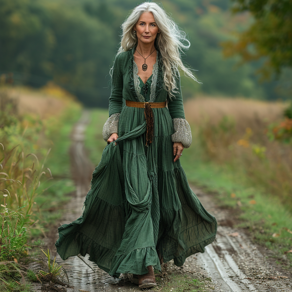 Women's Vintage V-neck Linen Long-sleeve Maxi Long Dress