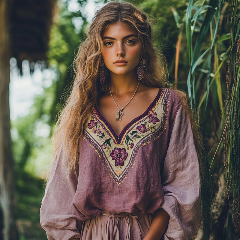 Vintage Classy Purple Floral Embroidered Linen Blend Tunic