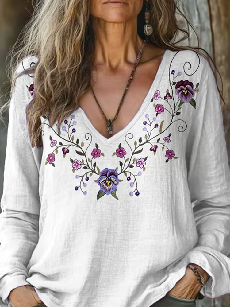 Women's Alzheimer's Floral Printed Cotton And Linen Long Sleeve Top