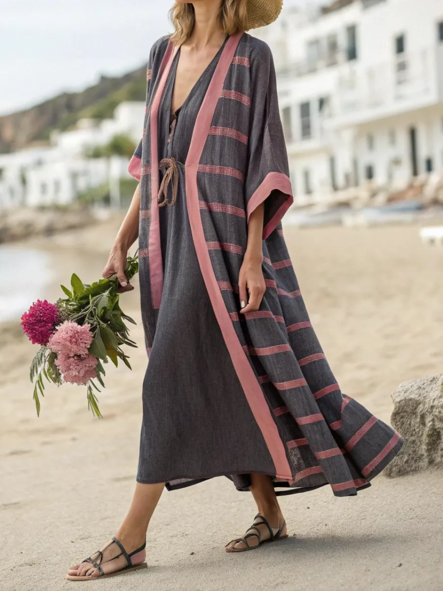 Women's cotton and linen striped robe suit