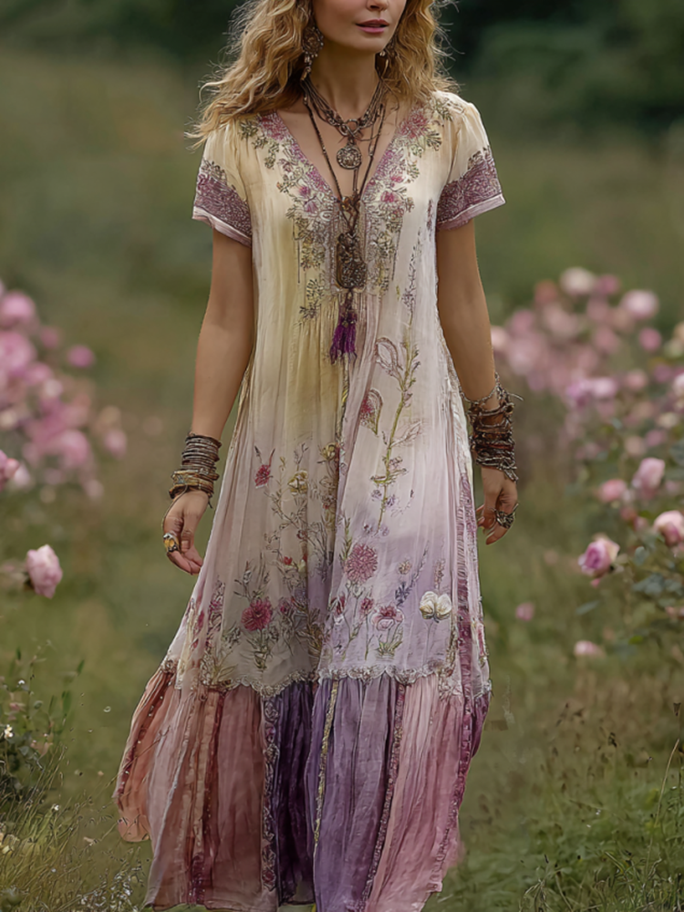 Classy Gradient Purple Lavender And Floral Printed Short Sleeve Maxi Dress